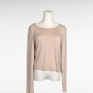 POL Womens Size Medium Blouse Scoop Back Cropped Extra Long Sleeves Tan